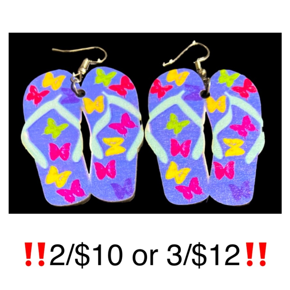 Flip Flop Earrings Wooden Butterfly Dangling Purple Multicolor Summer Earrings